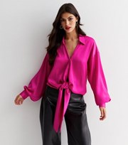 New Look Bright Pink Satin Collared Long Sleeve Multiway Top
